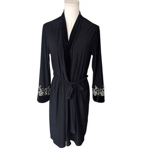 in Bloom Black Velvet Trimmed Embroidered‎ Robe Kimono Style Large